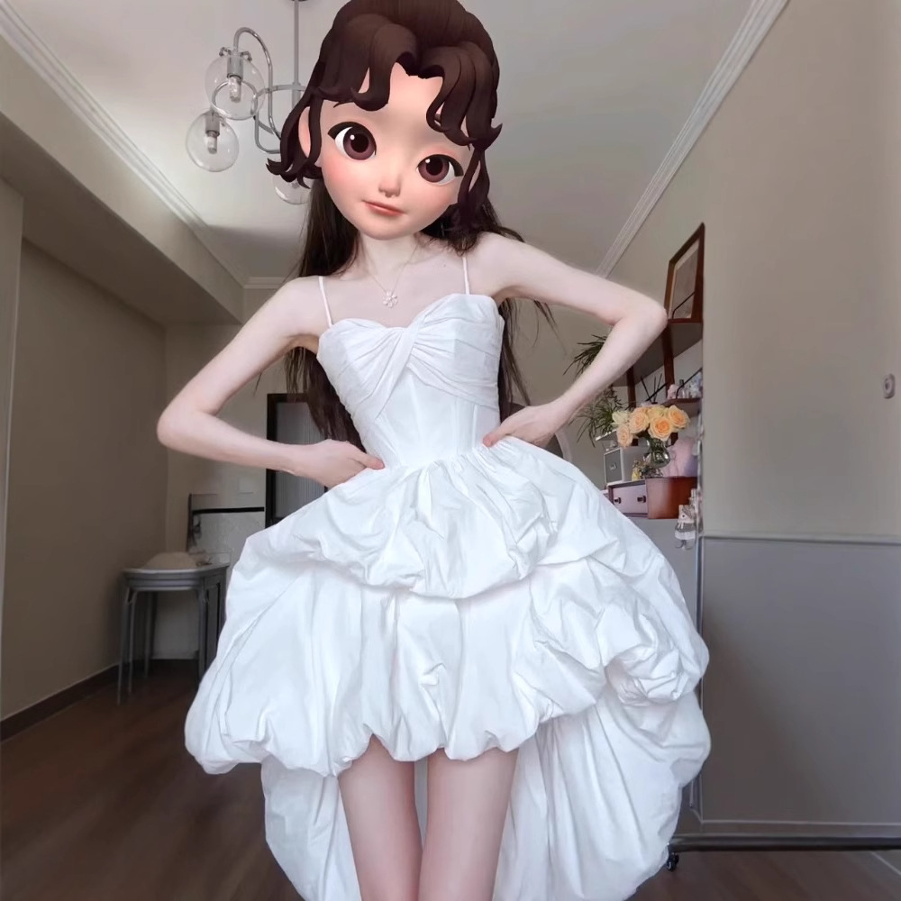 日本品质生日party小礼服连衣裙轻奢小众气质露背白色蓬蓬吊带轻