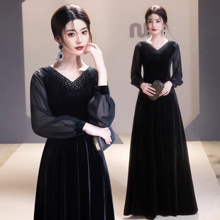 日本品質(zhì)黑色指揮晚禮服絲絨高端藝考大合唱團演出女長裙主持人宴