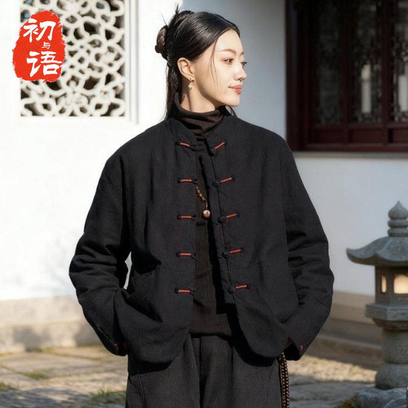 盘扣棉服女冬季新款立领夹棉覆古棉袄新中式保暖上衣苎麻短款棉衣