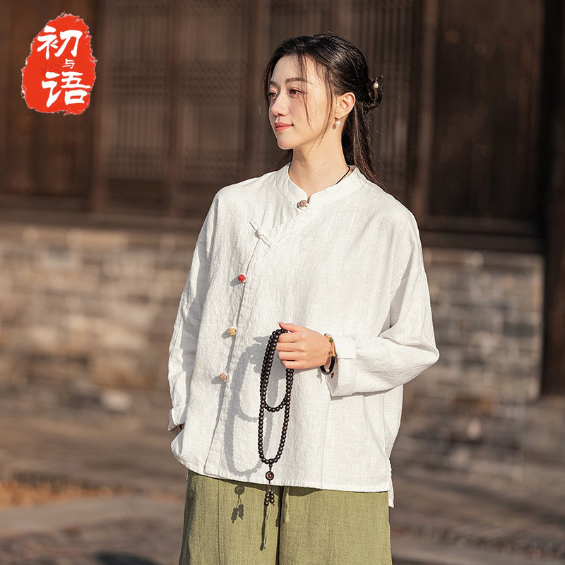 棉麻衬衫女2025春新款中式复古盘扣斜襟长袖太极上衣晨练禅意茶服