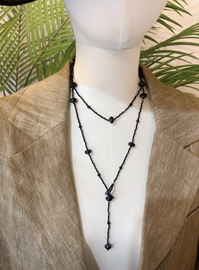 2026新款进口黑尖晶捷克琉璃串珠双层毛衣链项链