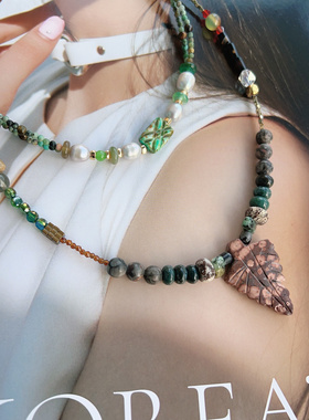 SHEN新款绿色森系原创设计复古混搭风新中式国风项链