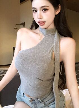 2025夏季新款辣妹露背斜肩吊带背心修身短款新款打底上衣性感无袖