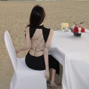 海边辣妹风露背蝴蝶结连衣裙性感开叉中长款气质半高领长裙