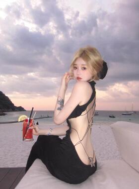 蝴蝶美背无袖背心连衣裙女夏季设计感辣妹收腰长裙度假风包臀裙子