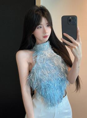 纯欲风性感辣妹亮丝毛绒露背挂脖吊带背心设计感修身短款打底上衣