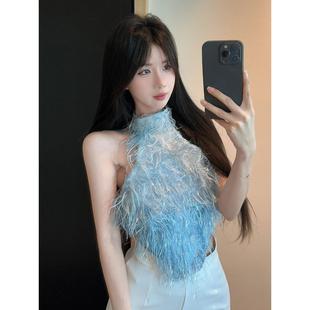 纯欲风性感辣妹亮丝毛绒露背挂脖吊带背心设计感修身 打底上衣 短款