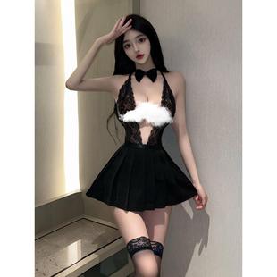 甜辣风性感V领显胸大镂空透视蕾丝拼接吊带裙开叉免脱百褶连衣裙