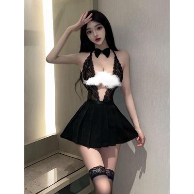 甜辣风性感V领显胸大镂空透视蕾丝拼接吊带裙开叉免脱百褶连衣裙