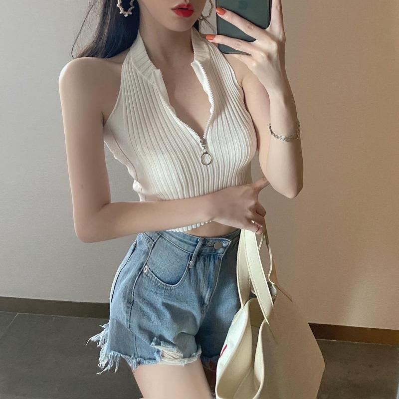 夏季新款露脐短款针织背心修身性感拉链无袖挂脖打底外穿上衣女装