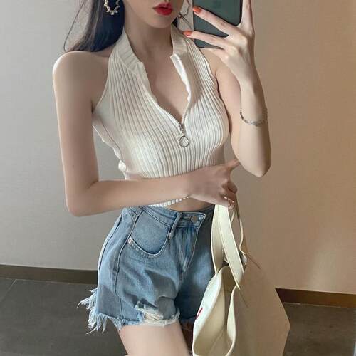 夏季新款修身风拉链挂脖针织背心