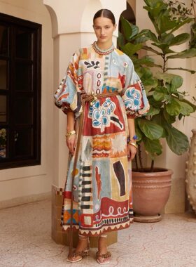 欧洲站苎麻印花灯笼袖宽松长袖连衣裙2026新款度假休闲百搭长裙