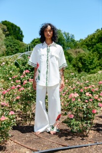 2026新款 欧洲站棉麻玫瑰印花短袖 套装 阔腿裤 度假休闲两件套 衬衫