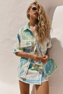 欧洲站亚麻蓝色希腊风翻领短袖衬衫半裙套装2026新款度假两件套女