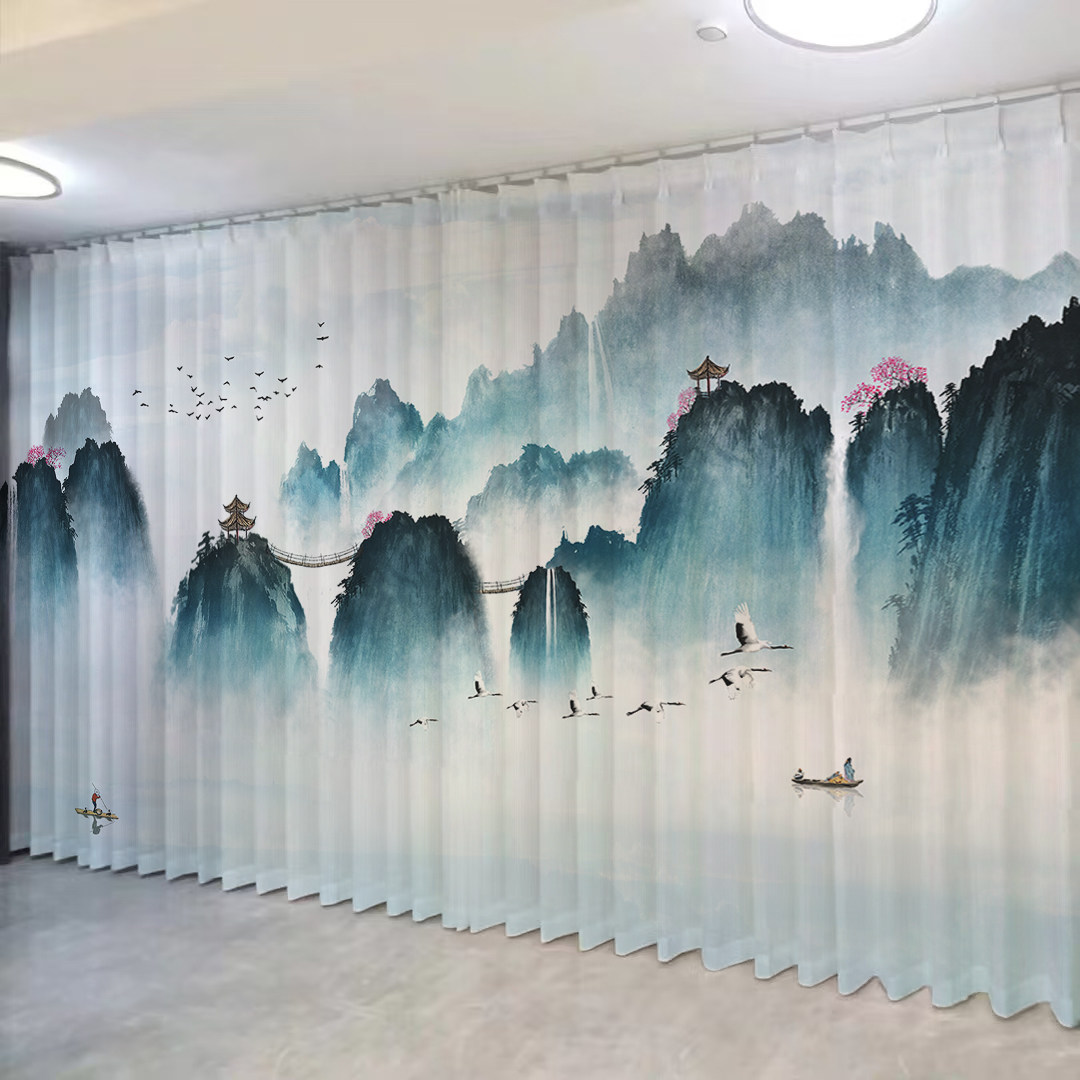 禅意诗画竹子荷花纱帘意境写意中式窗帘中国风山水画客厅餐厅包间
