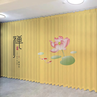 新中式佛系禅意家庭佛堂窗帘遮光黄色莲花纱帘寺庙禅房道家隔断帘
