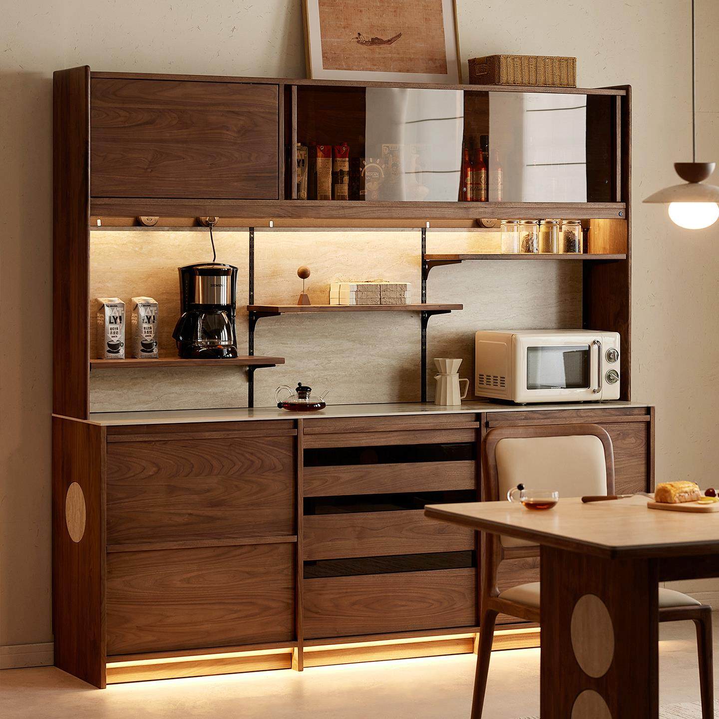 香港澳门包邮北美黑胡桃木餐柜靠墙一体收纳柜中古风洞石岩板餐柜