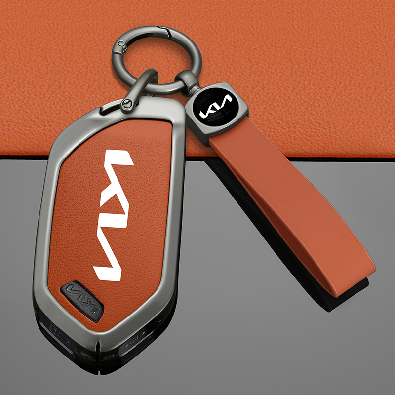 起亚EV5钥匙套KIA EV6汽车遥控金属保护壳EV9皮革防刮耐磨挂扣绳