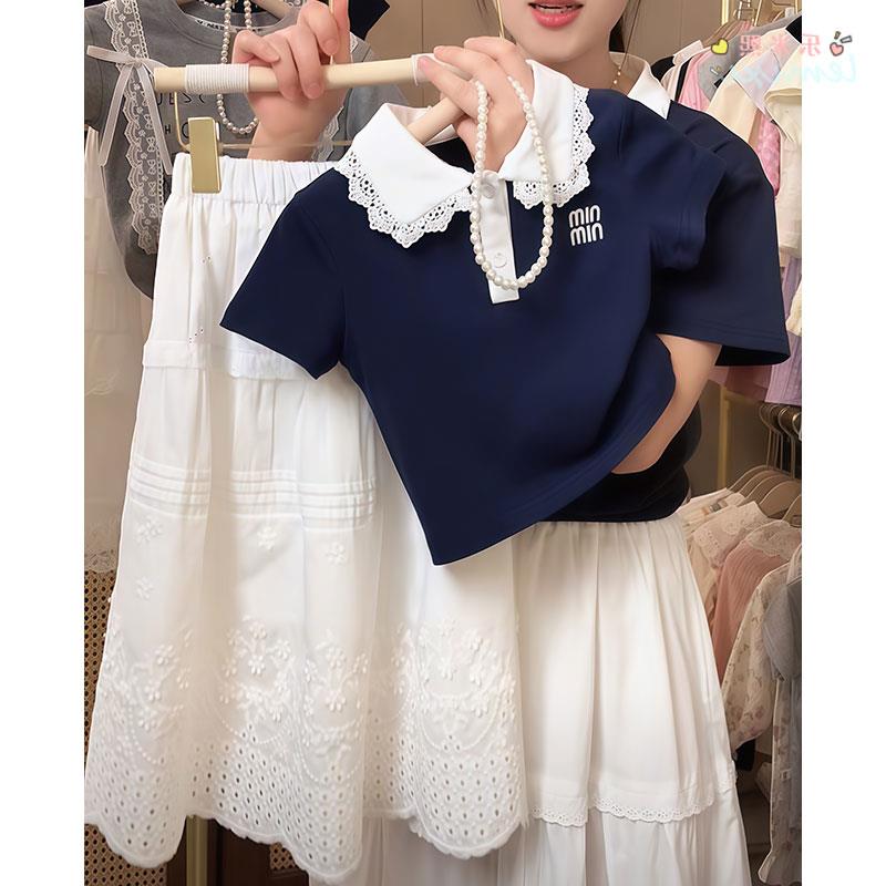 女童娃娃领短袖2025夏款蕾丝花边领POLO衫T恤百搭上衣刺绣学院风9