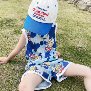 寶寶網眼透氣速干無袖 兩件套 夏季 韓國兒童奧特曼衣服男童背心套裝