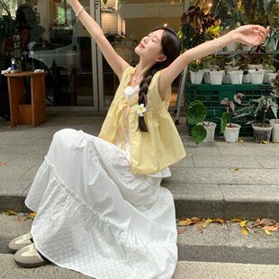 韩系时尚穿搭夏天一整套装设计小众荷叶无袖假两件上衣百搭半身裙