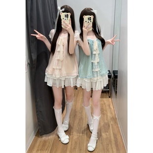 小众撞色拼接甜美吊带背心上衣高腰a字百褶短裙套装 两件套女新款