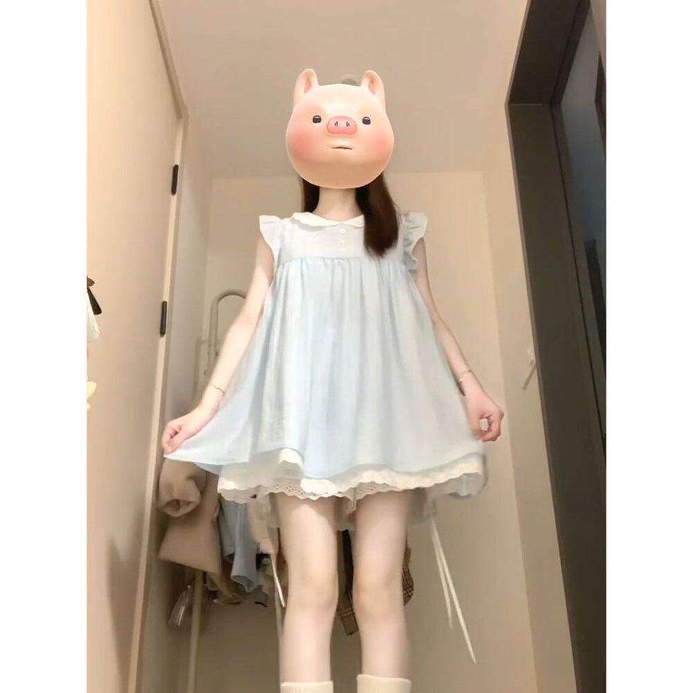小个子夏季盐系减龄飞飞袖设计别致连衣裙女生可爱蕾丝娃娃短裙子