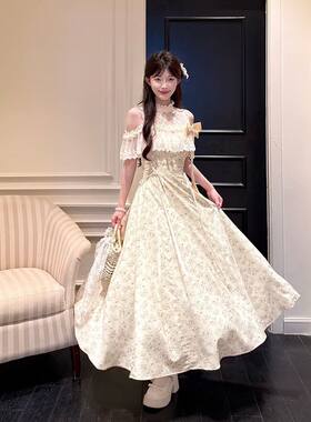 金盏铃兰 新款清楚系甜美小千金碎花蕾丝拼接挂脖收腰显瘦连衣裙