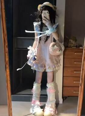 两件/套装少女感甜美可爱减龄蝴蝶结刺绣粉色背带裤+新款蓝色打底