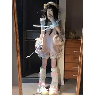 两件/套装少女感甜美可爱减龄蝴蝶结刺绣粉色背带裤+新款蓝色打底
