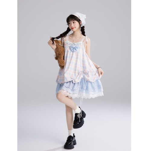 短裙甜妹少女感清新格纹吊带裙