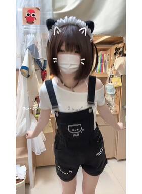 日系甜美黑色牛仔背带裤套装