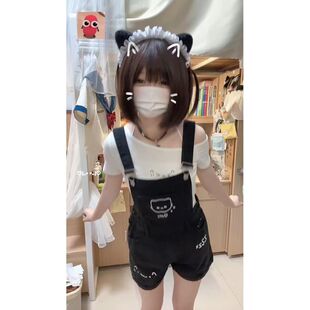 两件/套装日系甜美减龄可爱黑色牛仔背带裤女学生夏季百搭短袖T恤