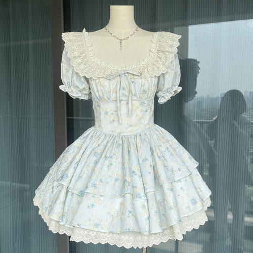法式小裙子温柔甜美刺绣蕾丝连衣裙夏日新款泡泡袖公主蓬蓬短裙女