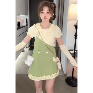 甜美多巴胺可爱减龄背带连衣裙女学生夏季 新款 泡泡袖 上衣两件套装