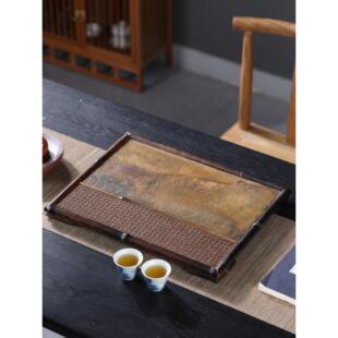 天然岩石茶盘紫竹崖石茶台手工竹编干泡盘藤编壶承茶托茶具收纳盘