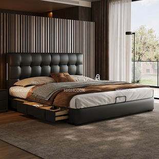 真皮床头层牛皮主卧现代简约2 2.2米储物黑色小户型薄床头1.8双人