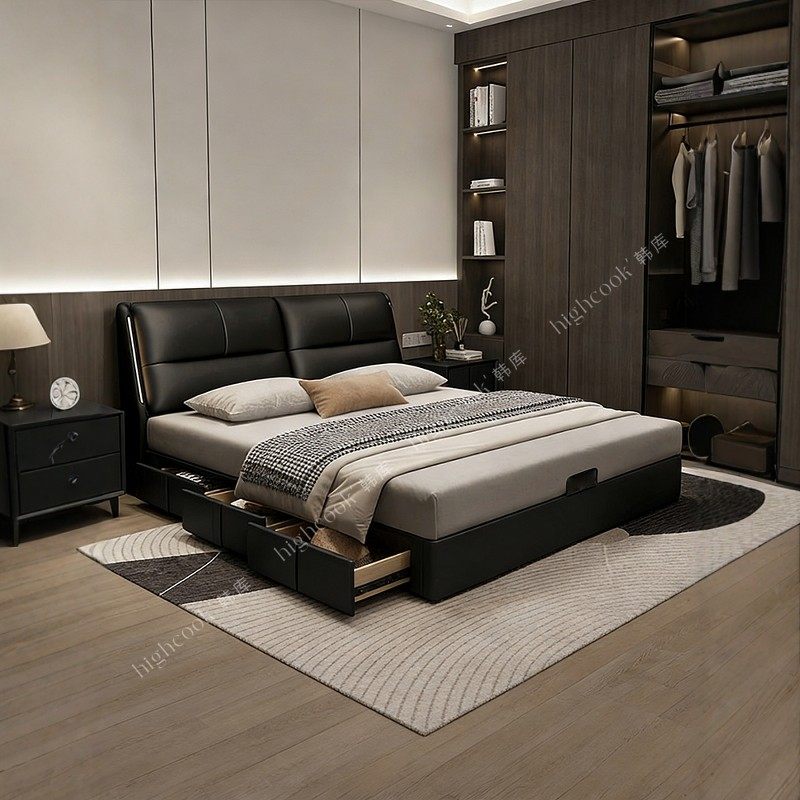 北欧轻奢卧室软包极简床现代简约主卧婚床高端储物双人真皮床