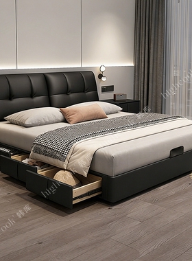 头层牛皮黑色夜灯真皮高端床主卧现代简约双人高箱储物意式极简