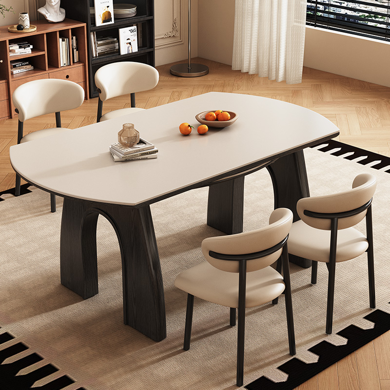 政府补贴中古风实木岩板餐桌家用小户型可变圆桌复古凯旋门饭桌