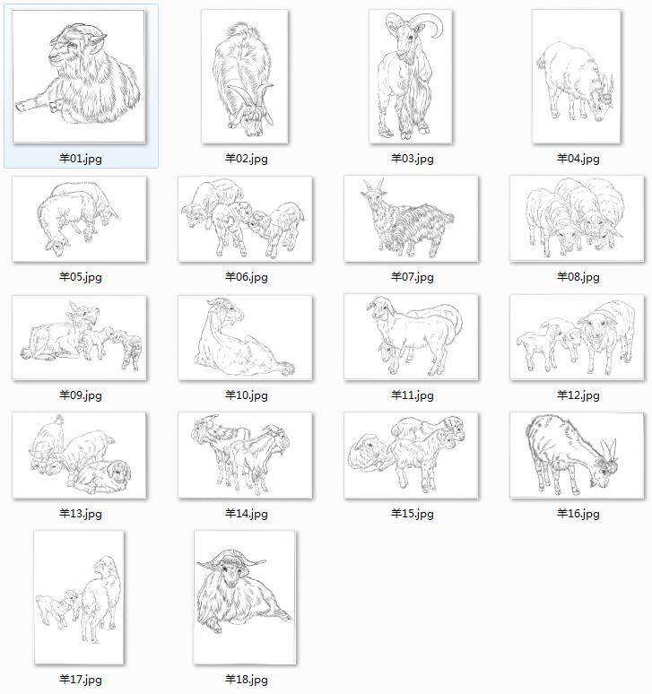 工笔画底稿 羊18幅打包 白描素材电子稿20# 无彩色图