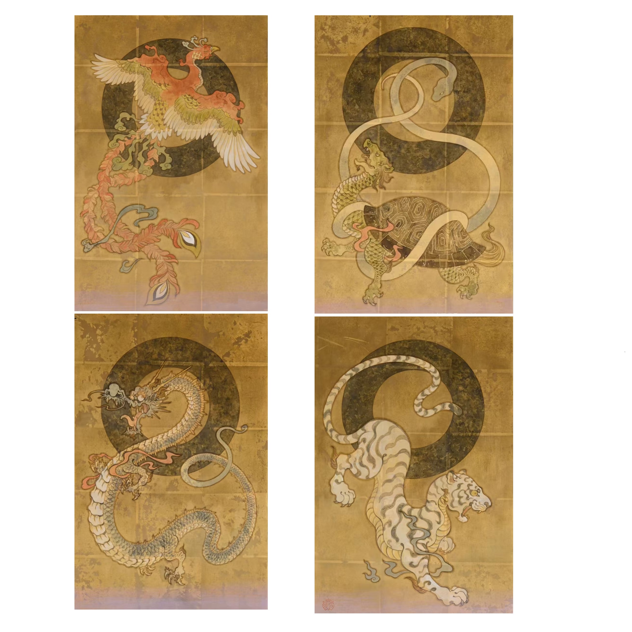 工笔画底稿 工笔朱雀玄武青龙白虎参考白描打印稿宣纸稿4张组合