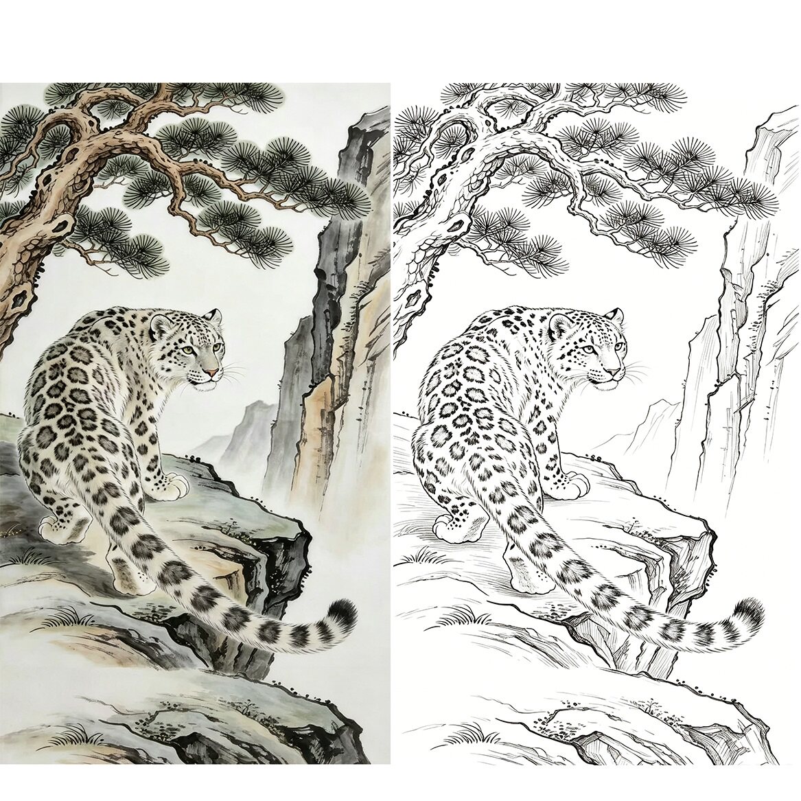工笔画底稿工笔动物松树豹子参考白描4#打印稿