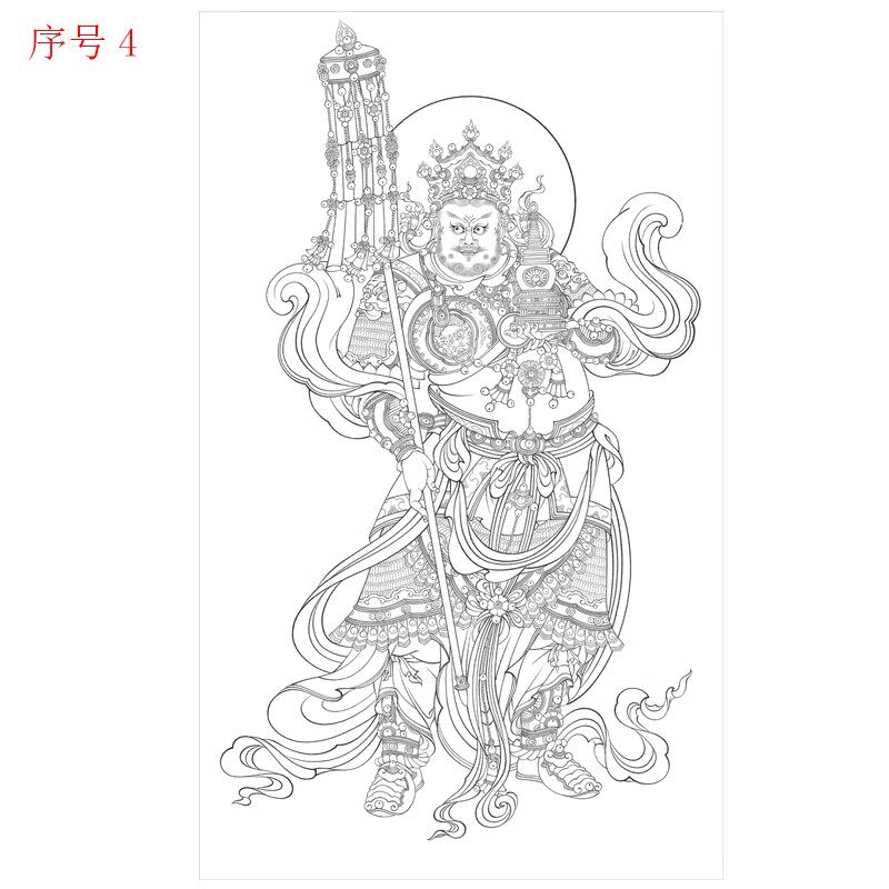 工笔画底稿四大天王金刚竖副白描北方多闻天王持宝伞打印稿宣纸稿