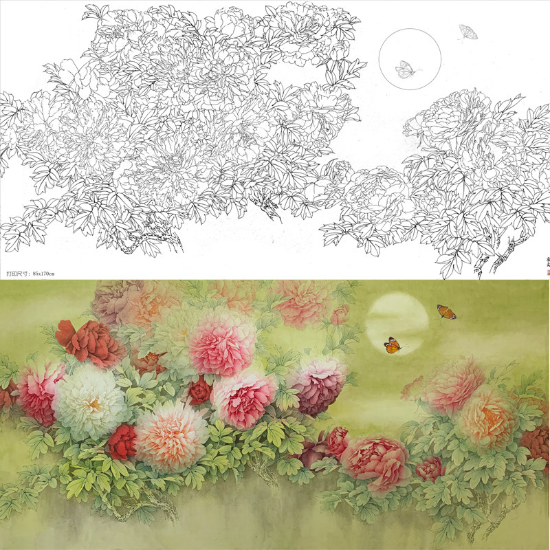 工笔画底稿工笔4尺6尺横幅牡丹蝴蝶白描打印稿宣纸稿学习临摹
