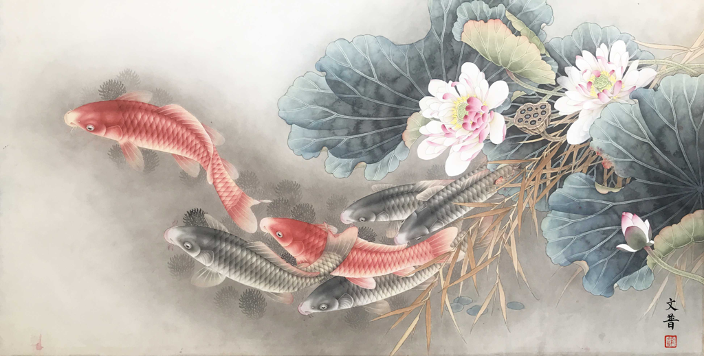 工笔画底稿 4尺横幅荷花鲤鱼19#白描打印稿毛笔勾线宣纸稿