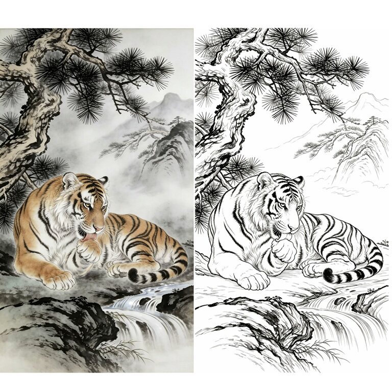 工笔画底稿工笔虎白描10#打印稿 学习临摹