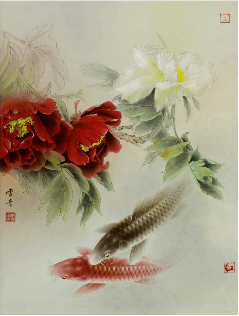 工笔画底稿龚雪青牡丹鲤鱼白描打印稿宣纸稿学习临摹