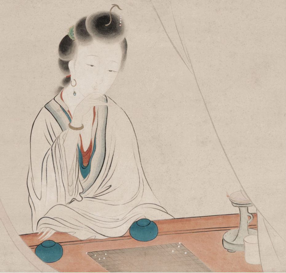 工笔画底稿 清 费丹旭 闲敲棋子图人物竖副白描打印稿本店拷贝稿