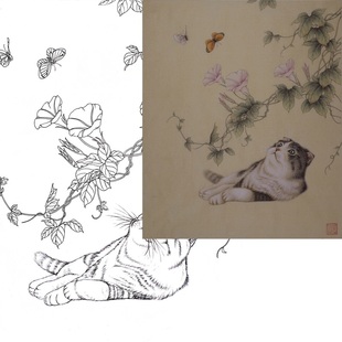 工笔画底稿 国画工笔猫斗方白描12#打印稿 毛笔勾线宣纸稿